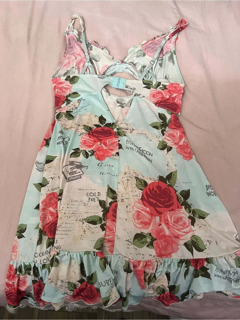 Betsey Johnson Light Blue Chemise with Pink & Red Rose Print